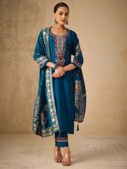Women Plus - Blue Embroidered Viscose Silk Kurta With Pant & Dupatta