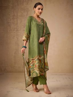 Women Plus - Digitally Green Viscose Muslin Silk Kurta With Pant & Dupatta