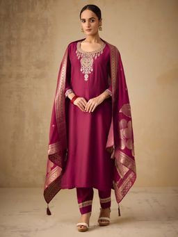 Women Plus - Maroon Embroidered Viscose Silk Kurta With Pant & Dupatta