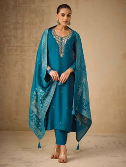 Women Plus - Blue Embroidered Viscose Chanderi Silk Kurta With Pant & Dupatta