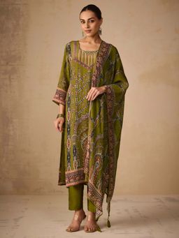 Women Plus - Digitally Green Pure Natural Crepe Kurta With Pant & Dupatta