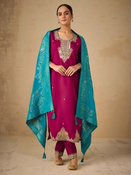 Women Plus - Embroidered Viscose Silk Kurta With Pant & Dupatta
