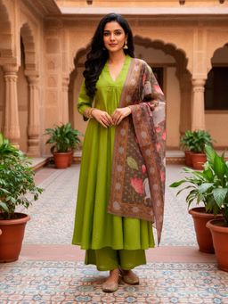 Mabish By Sonal Jain - Green Flare Kurta With Palazzo & Dupatta