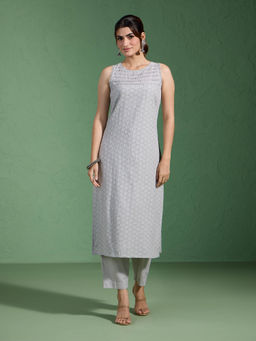 Likha - Cotton Schiffli Embroidered Straight Light Grey Kurta & Pant LIKSCHKS03 (Set of 2)