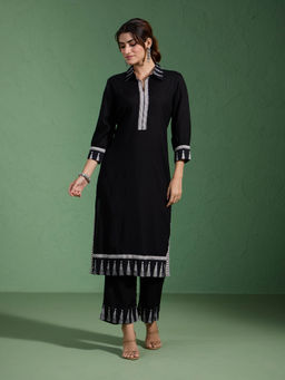 Likha - Black Rayon Straight Kurta with Printed Borders with Pant LIKCGKS05 (Set of 2)