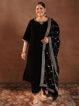 Extra love by Libas - Black Solid Velvet Straight Kurta Sets for Women