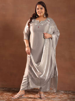 Extra love by Libas - Plus Size Women Taupe Yoke Design Tissue Straight Kurta Sets for Women