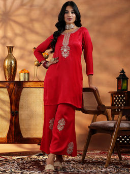Libas - Women Red Embroidered Kurta with Palazzo (Set of 2)