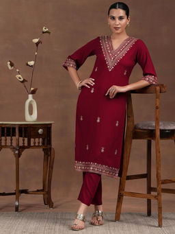 Libas - Red Viscose Rayon Embroidered Kurta Sets for Women