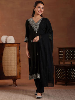 Libas - Black Viscose Rayon Embroidered Kurta Sets for Women