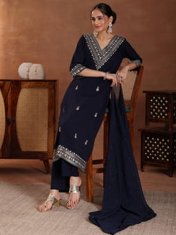 Libas - Blue Viscose Rayon Embroidered Kurta Sets for Women