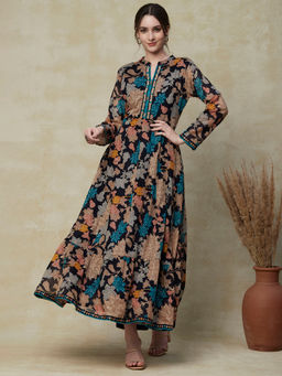 FASHOR - Printed Resham & Cutdana Embroidered Dress with Attached Belt - Navy Blue