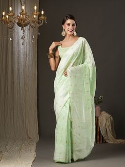 Akhilam - Womens Cotton Silk Green Woven Design Designer Saree with Unstitched Blouse