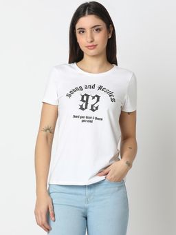 Spykar - Women White Half Sleeve Printed Regular Fit Casual T-Shirt