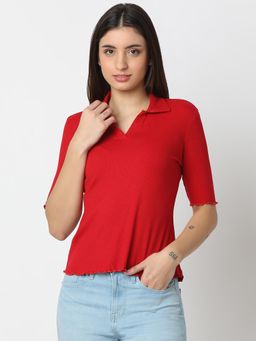 Spykar - Women Red Half Sleeve Solid Slim Fit Casual Polo Top