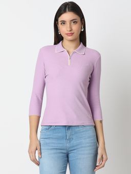 Spykar - Women Purple 3-4Th Sleeve Solid Slim Fit Casual Polo Top