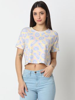 Spykar - Women Yellow Half Sleeve Printed Boxy Fit Casual Crop T-Shirt