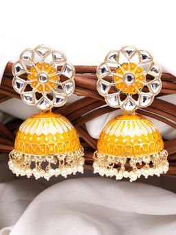 Karatcart - Gold Plated Yellow Meena Kunda Studded Jhumki Earrings for Women