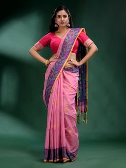 CHARUKRITI - Pink Tissue Handwoven Soft Saree with Unstitched Blouse