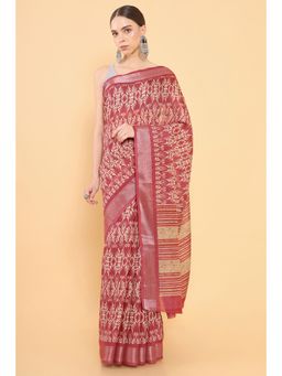 Soch - Women Rust Chanderi Printed Saree with Unstitched Blouse
