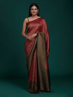 Koskii - Maroon Zari Work Brocade Designer Saree With Unstitched Blouse