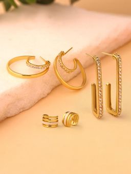 Voylla - Golden Arc Sparkle Hoop Combo Earrings (Pack of 3)