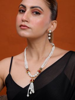 Silvermerc Designs - Pearl Long Jewellery Set| Kundan Pearl Mala with Tassel Pendant and Earrings