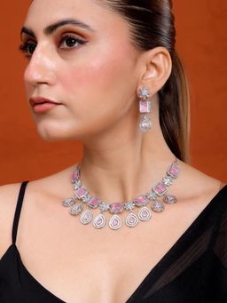 Silvermerc Designs - Pink Stone American Diamond Jewellery Set for Women