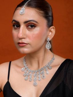 Silvermerc Designs - American Diamond Bridal Jewellery Set with Maang Tikka for Women