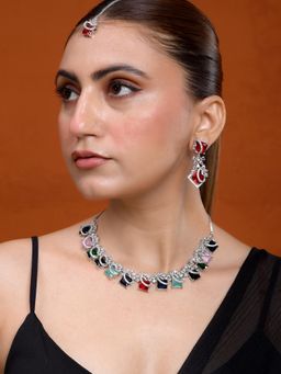 Silvermerc Designs - Multi Color American Diamond Bridal Jewellery Set with Maang Tikka for Women