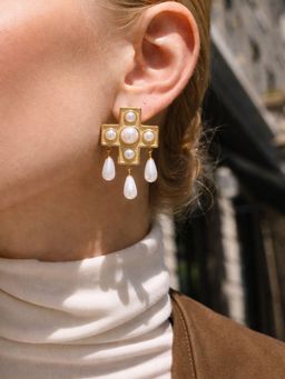 AQUASTREET - Cross Pearl Dangle Earrings Anti-Tarnish Waterproof 18K Gold Plated