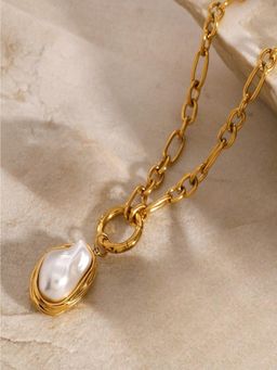 AQUASTREET - O-Link Chain Pearl Drop Necklace Anti-Tarnish Waterproof 18K Gold Plated
