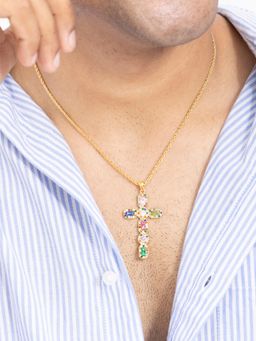 AQUASTREET - Mens Zircon Cross Necklace Anti-Tarnish Waterproof 18K Gold Plated