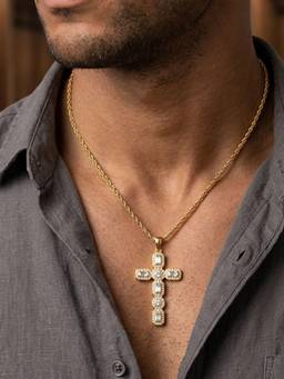 AQUASTREET - Mens Zircon Cross Pendant Necklace Waterproof Anti-Tarnish 18K Gold Plated