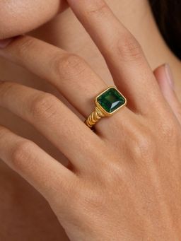 AQUASTREET - Green Zircon Rings Statement Anti-Tarnish Waterproof 18K Gold Plated