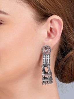 Dulcett - Oxidized Silver-Toned Tribal Nandi Motif Square Jhumka Earrings