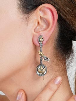 Dulcett - Long Dual Tone Silver Oxidised Bird Motif Earrings