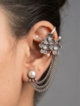 Dulcett - Oxidized Silver-Toned Floral Charm Ear Cuff with Multi-Layered Chain Earrings Pack of 2