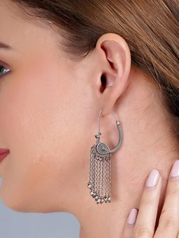 Dulcett - Oxidized Silver-Toned Peacock Hoop Earrings with Chain Fringe