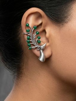 Dulcett - Oxidized Silver-Toned Stag Antler Ear Cuffs with Emerald Green Beads Earrings Pack of 2