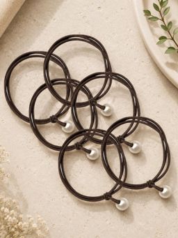 Fabula - Rubber Band Ponytail Holder - Dark Grey with Pearls for Women (Pack of 6)