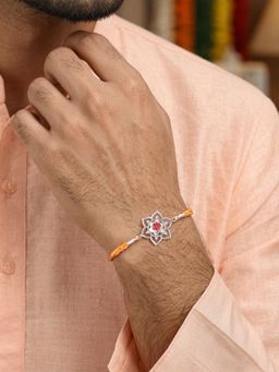 Ornate Jewels - 925 Silver Red Ruby Mandala Flower Thread Rakhi With Roli Chawal