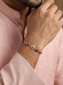 Ornate Jewels - 925 Silver Rhodium Plated Om Rudraksha Thread Rakhi With Roli Chawal