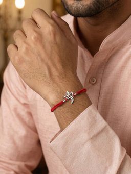 Ornate Jewels - 925 Silver Red Garent Religious Lord Ganesha Thread Rakhi With Roli Chawal