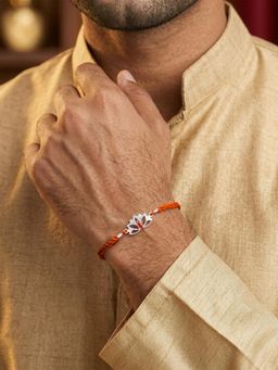Ornate Jewels - 925 Silver Red Garent Divine Lotus Thread Rakhi With Roli Chawal