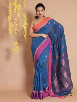 CHARUKRITI - Royal Blue Cotton Handwoven Zari & Dual Borders Saree with Unstitched Blouse