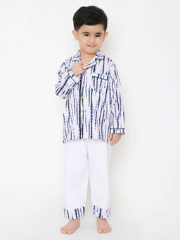 Little Clothings - Boys Blue Printed Full Sleeves Shirt with Pyjama (Set of 2)