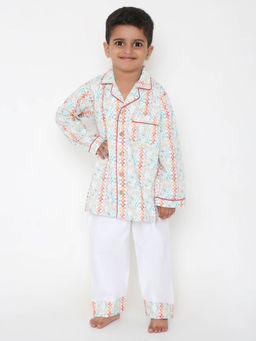 Little Clothings - Unisex White Printed Full Sleeves Shirt with Pyjama (Set of 2)