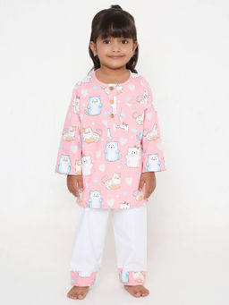 Little Clothings - Girls Pink Printed Full Sleeves Top with Pyjama (Set of 2)
