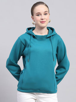 Monte Carlo - Women's Solid/Plain Teal Hooded Neck Hoodie
